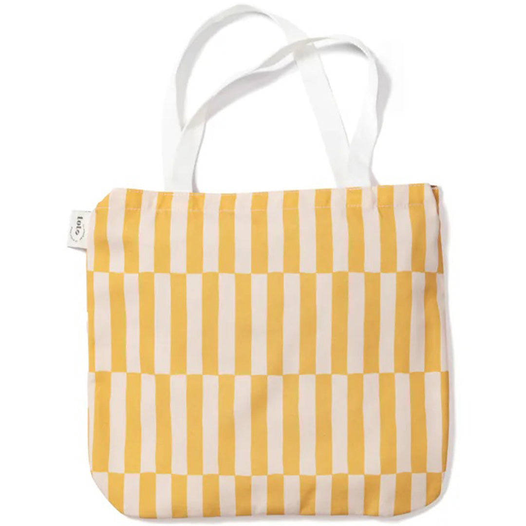play&go draagtas met geel-wit gestreept patroon en witte hengsels.