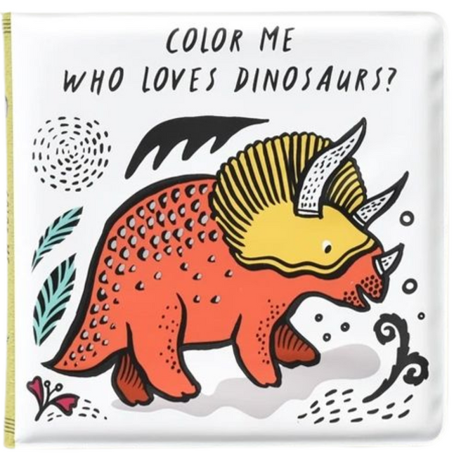 wee gallery badboekje met een kleurrijke triceratops en de tekst 'Color Me Who Loves Dinosaurs?'.