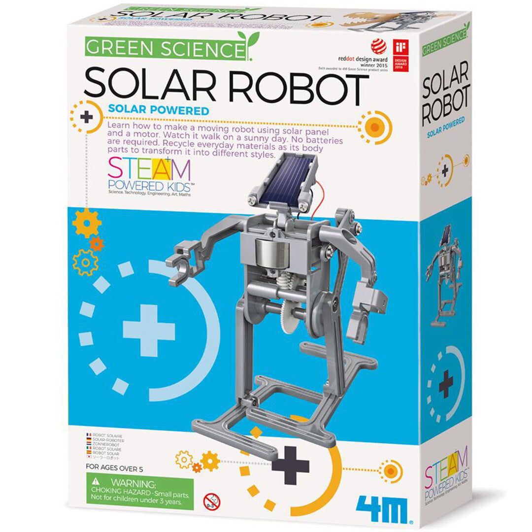 De verpakking van de 4M Green Science Solar Robot bouwset, met een afbeelding van de robot en een zonnepaneel.