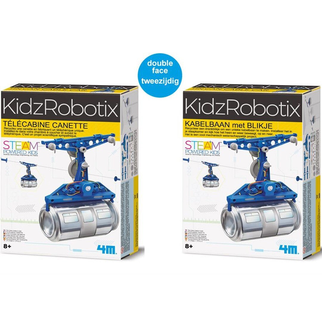 Twee verpakkingen van de 4M KidzRobotix kabelbaan met blik bouwset naast elkaar, één in het Nederlands en één in het Frans.