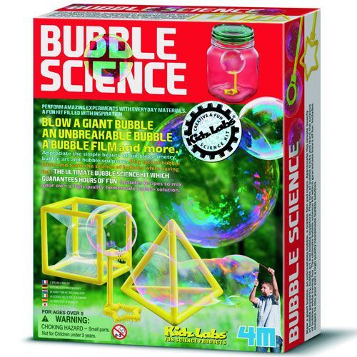 De verpakking van de 4M Bubble Science wetenschapsset met afbeeldingen van bellen en bellenblaasgereedschap.