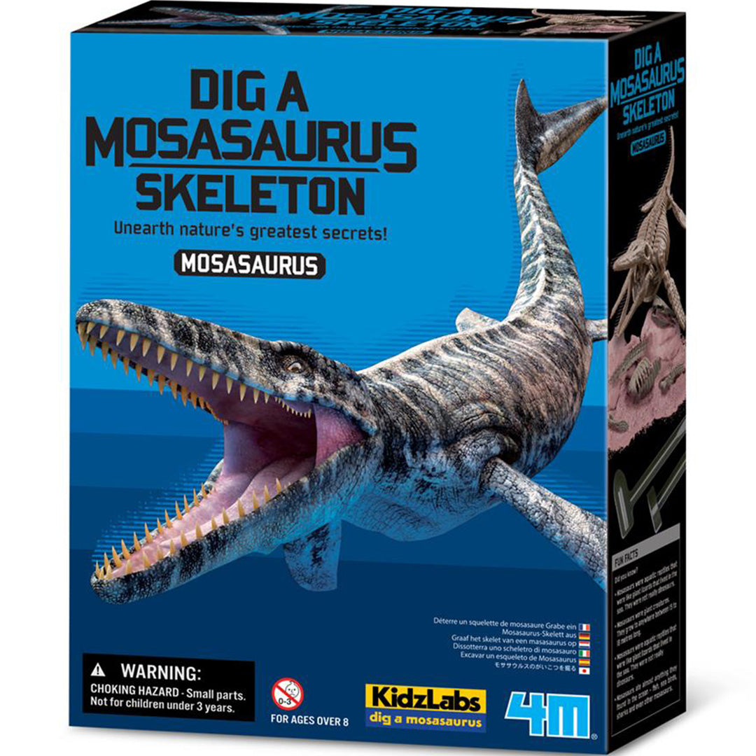 De verpakking van de 4M Mosasaurus opgraafset met een illustratie van een mosasaurus.