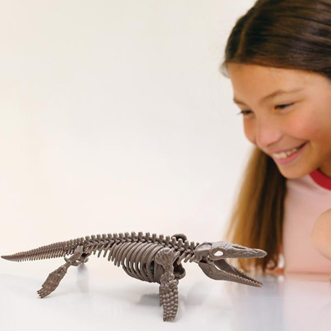Een lachend meisje kijkt naar het complete mosasaurus skelet van de 4M opgraafset.