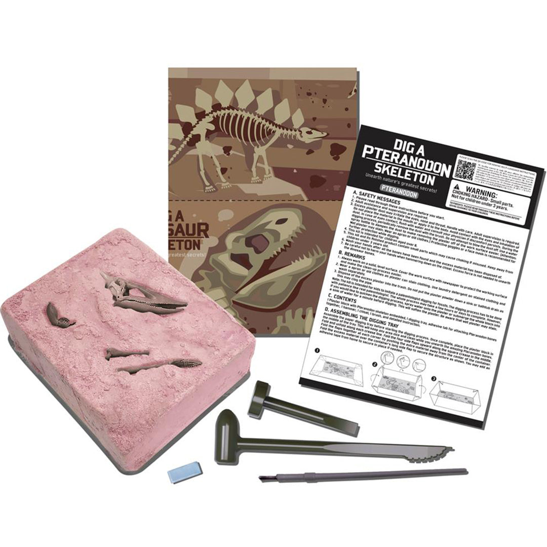 De inhoud van de 4M pteranodon opgraafset met een roze graafblok, gereedschap en instructies.