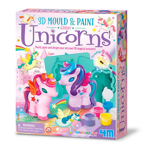 De verpakking van het 4M 3D Mould & Paint Glitter Unicorns gips- en glitterverfpakket.