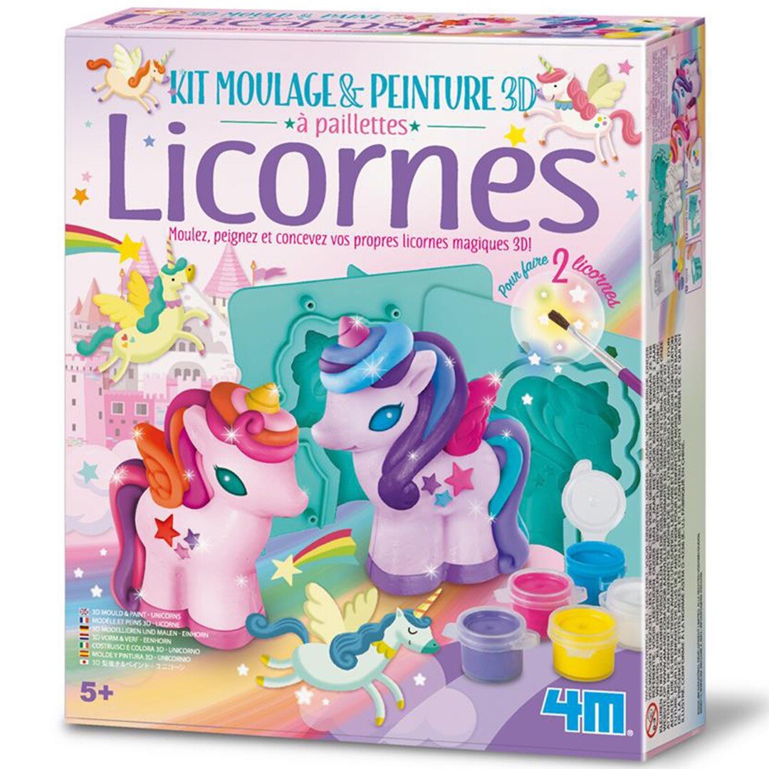 De Franstalige verpakking van het 4M Kit Moulage & Peinture 3D Licornes gips- en glitterverfpakket.