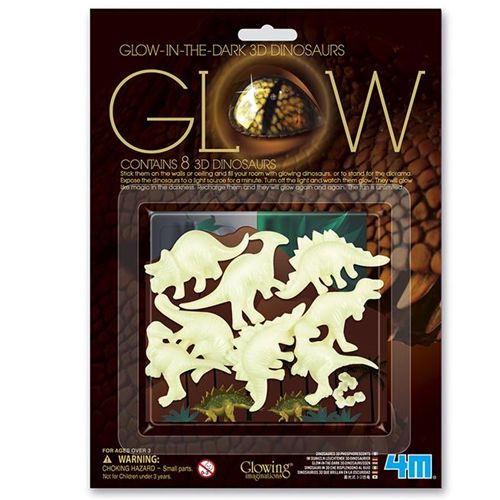 De verpakking van de 4M glow-in-the-dark 3D dinosaurusspeelset met verschillende lichtgevende dinosaurusfiguren.