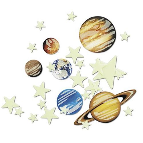 Collectie van 4M glow-in-the-dark decoratiestickers in de vorm van planeten en sterren.