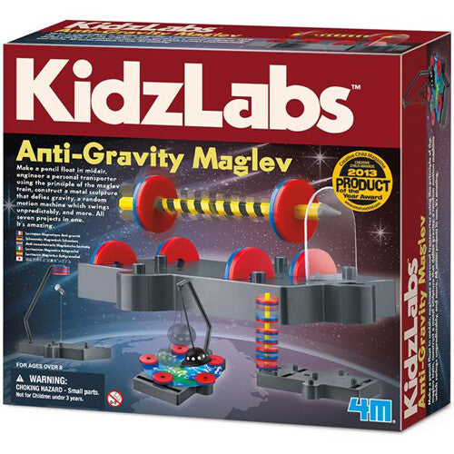 De verpakking van de 4M KidzLabs Anti-Gravity Maglev wetenschapsset met afbeeldingen van magnetische experimenten.