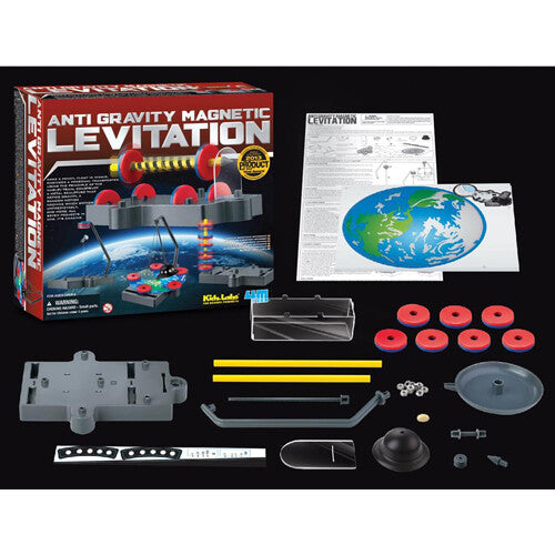 De 4M KidzLabs Anti-Gravity Maglev wetenschapsset met de verpakking, handleiding en alle losse onderdelen uitgestald.