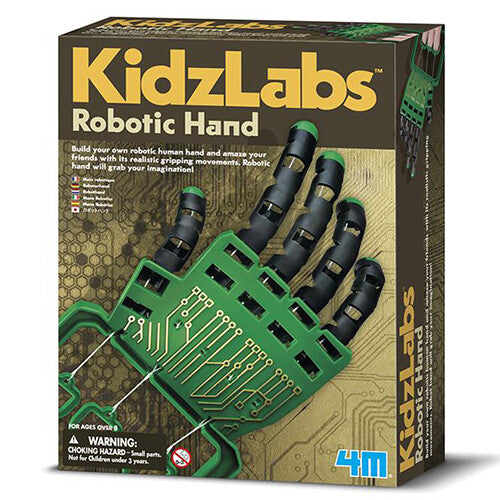 Verpakking van de 4M KidzLabs bouwset voor een robothand.