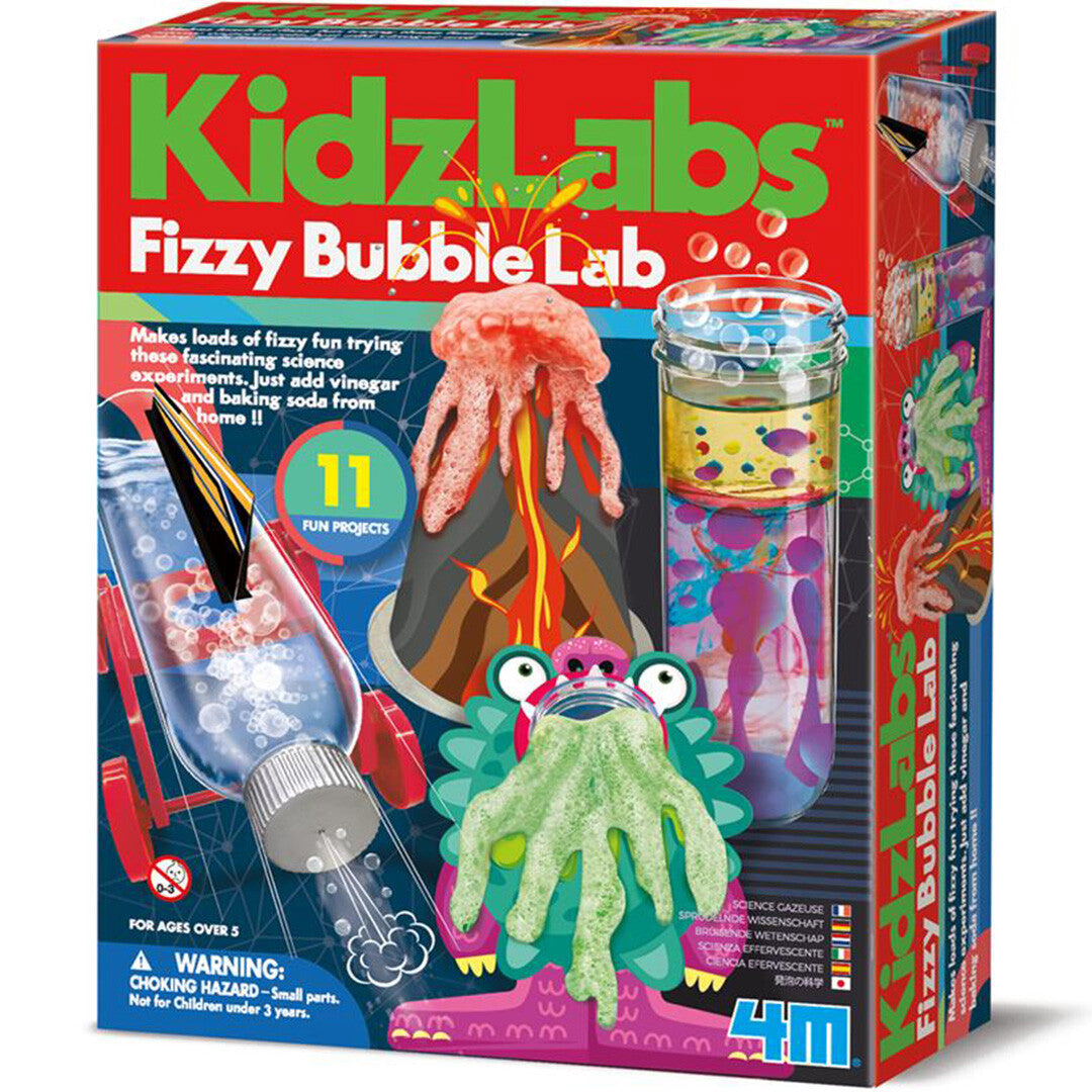 De verpakking van de 4M KidzLabs Fizzy Bubble Lab experimenteerset met afbeeldingen van bubbelende experimenten zoals een vulkaan en een monster.