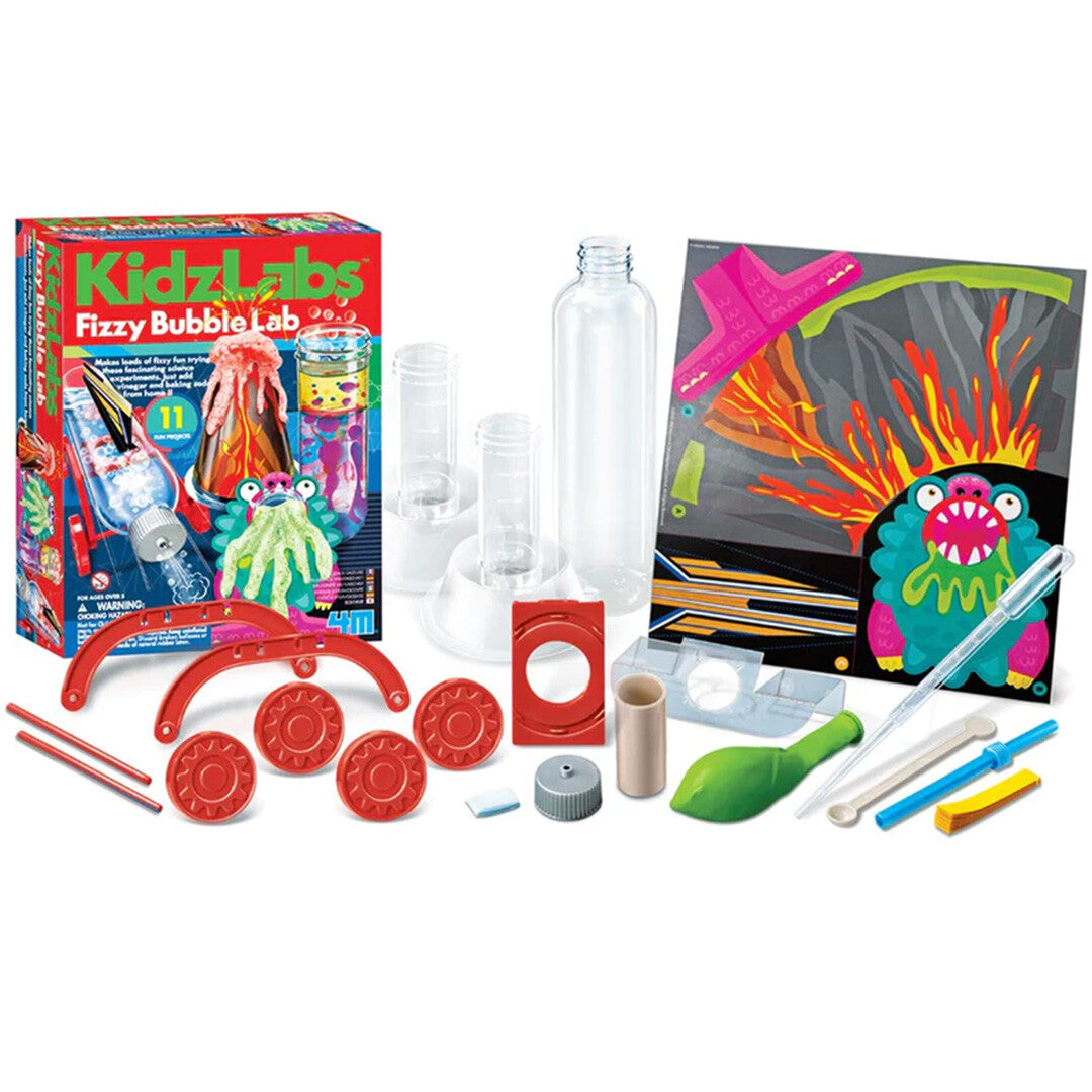 De 4M KidzLabs Fizzy Bubble Lab experimenteerset met alle onderdelen, inclusief flessen, buisjes en kartonnen figuren, naast de verpakking.