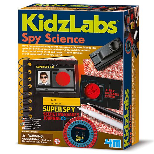 Verpakking van de 4M KidzLabs Spy Science spionnenset.