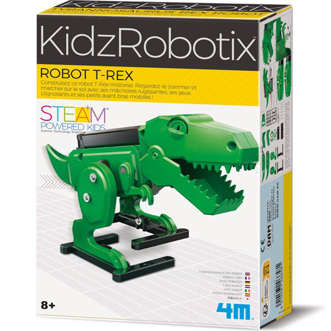 Verpakking van de 4M KidzRobotix T-Rex robot bouwset.