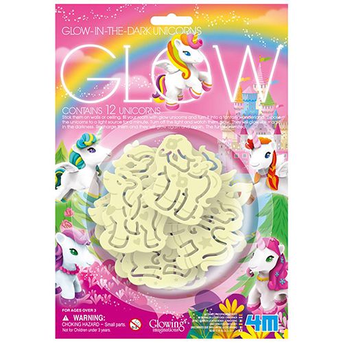 Verpakking van 4M glow-in-the-dark eenhoorn muurstickers met eenhoorns en een regenboog.