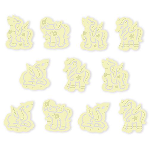 Twaalf gele glow-in-the-dark eenhoorn muurstickers met vleugels en patronen.