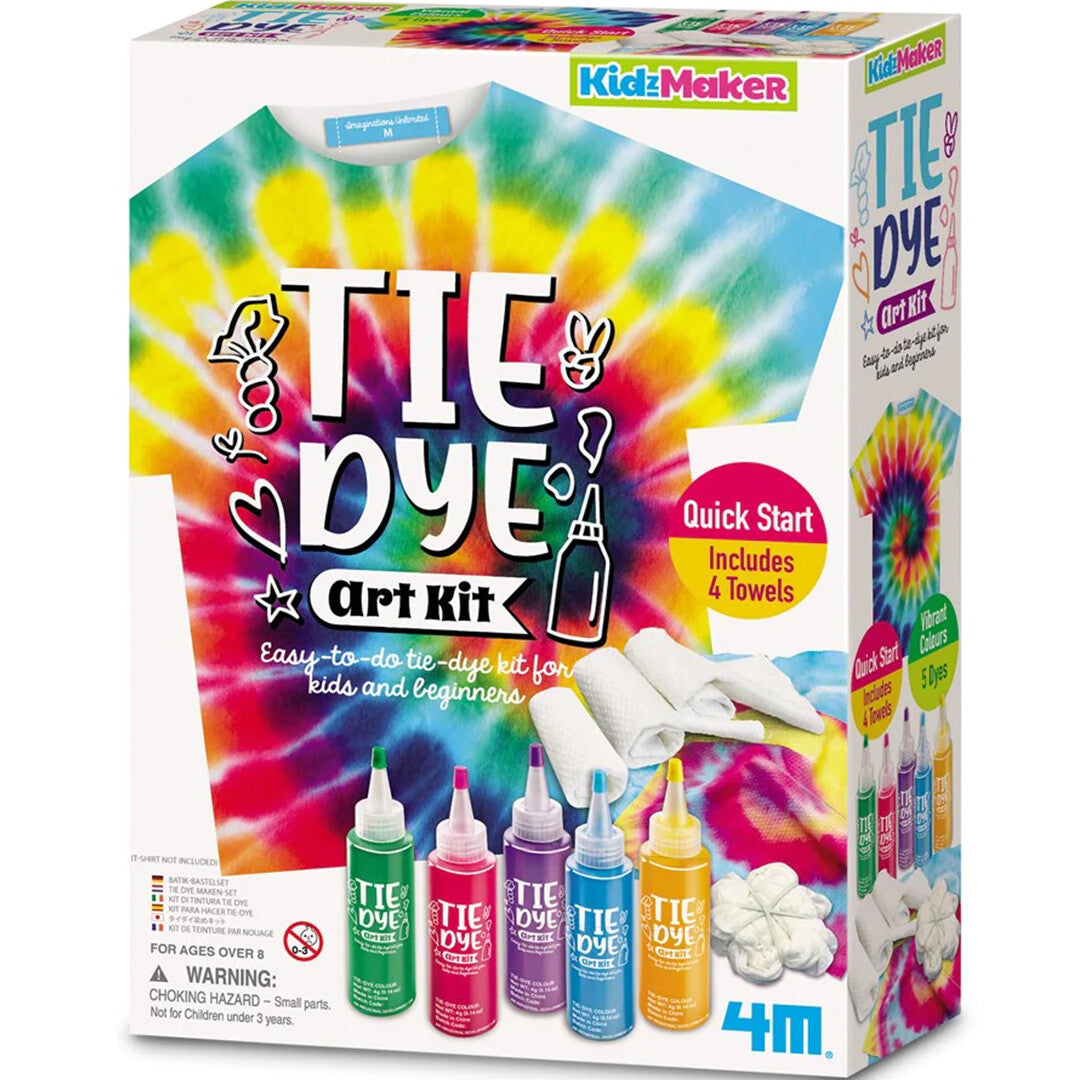 De verpakking van de 4M Tie Dye Art Kit hobbyset met een kleurrijk tie-dye T-shirt en verfflesjes.