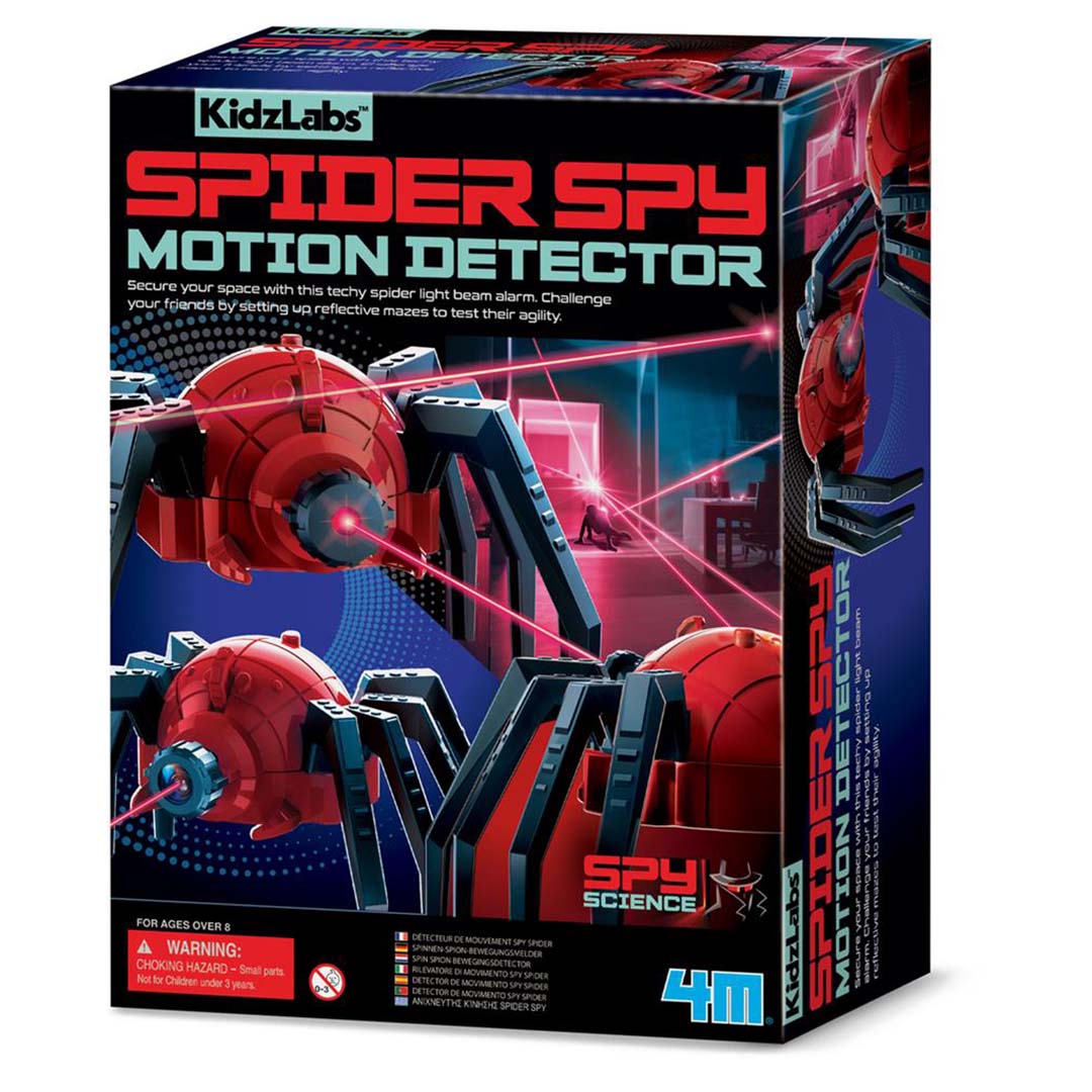 De verpakking van de 4M KidzLabs Spider Spy Motion Detector, een educatieve set met rode spinnen die laserstralen uitzenden.