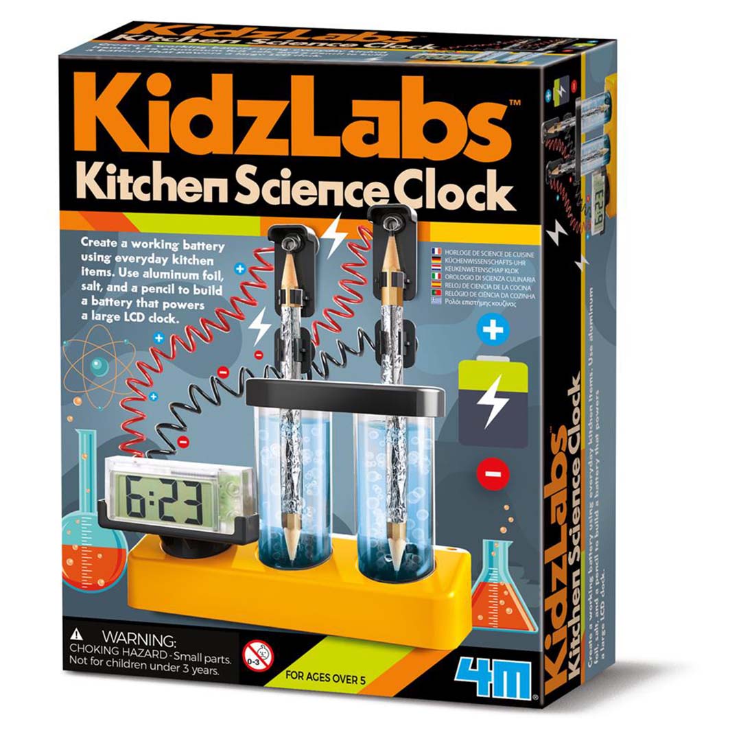 De verpakking van de 4M KidzLabs Kitchen Science Clock wetenschapskit.