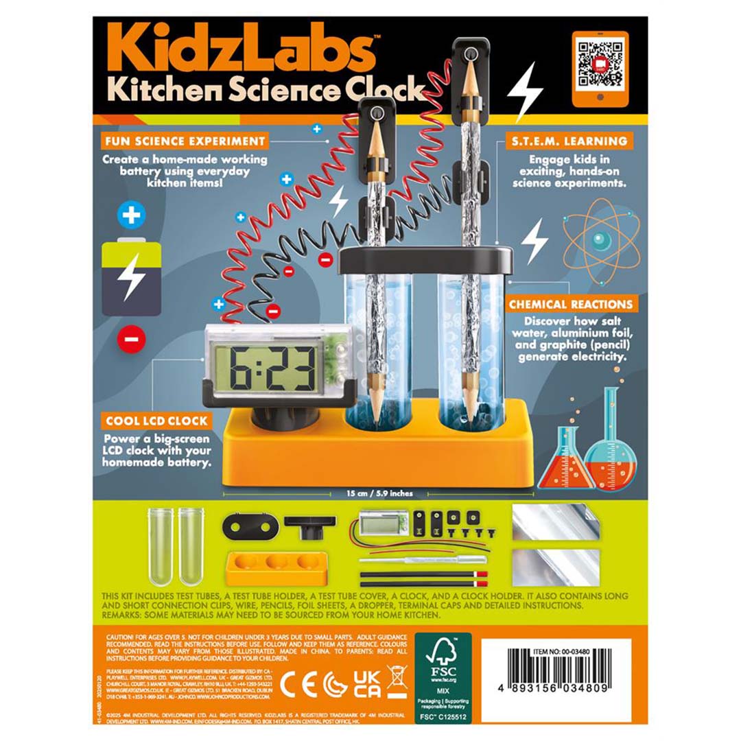 De achterkant van de verpakking van de 4M KidzLabs Kitchen Science Clock, met een infographic over de werking en kenmerken.