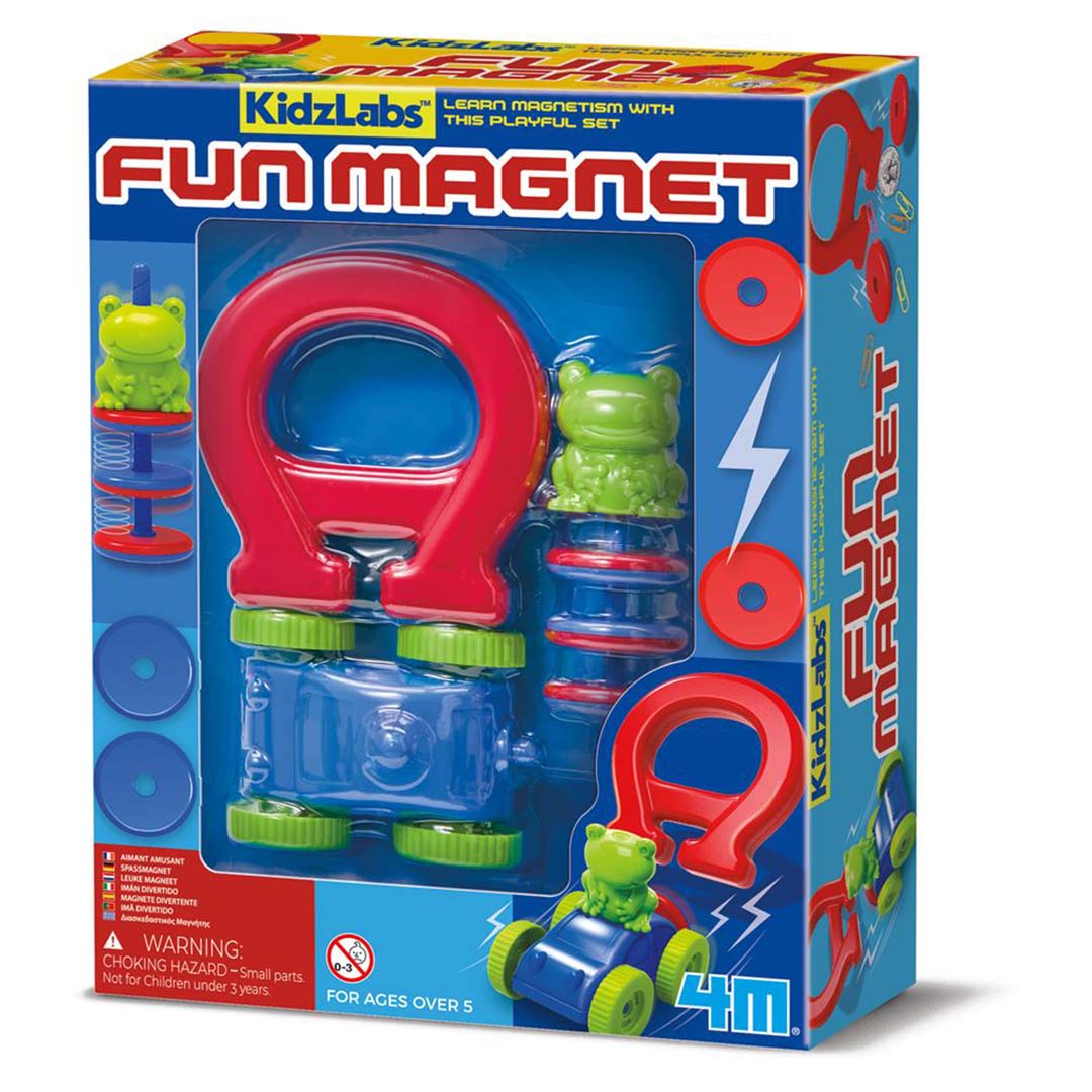 De verpakking van de 4M KidzLabs Fun Magnet wetenschapsset met een U-vormige magneet, een auto en een kikkerfiguur.