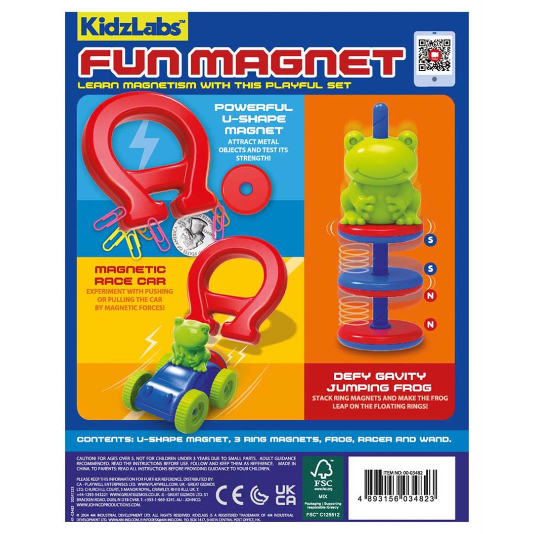 De achterkant van de 4M KidzLabs Fun Magnet verpakking met demonstraties van de magnetische experimenten.