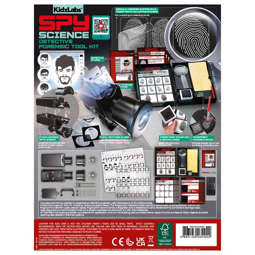 De achterkant van de verpakking van de 4M KidzLabs Spy Science detective forensische toolkit, met details over de inhoud en functies.