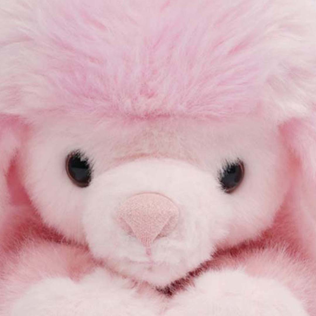 Close-up van het gezicht van de One Love roze verzwaarde pluchen poedel knuffel.