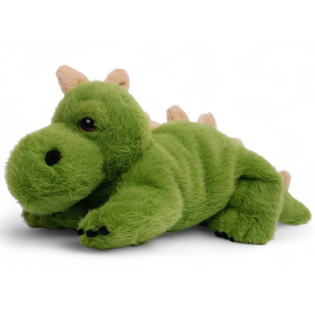 one love verzwaarde pluchen dinosaurus knuffel in groen, van de linkerkant gezien.