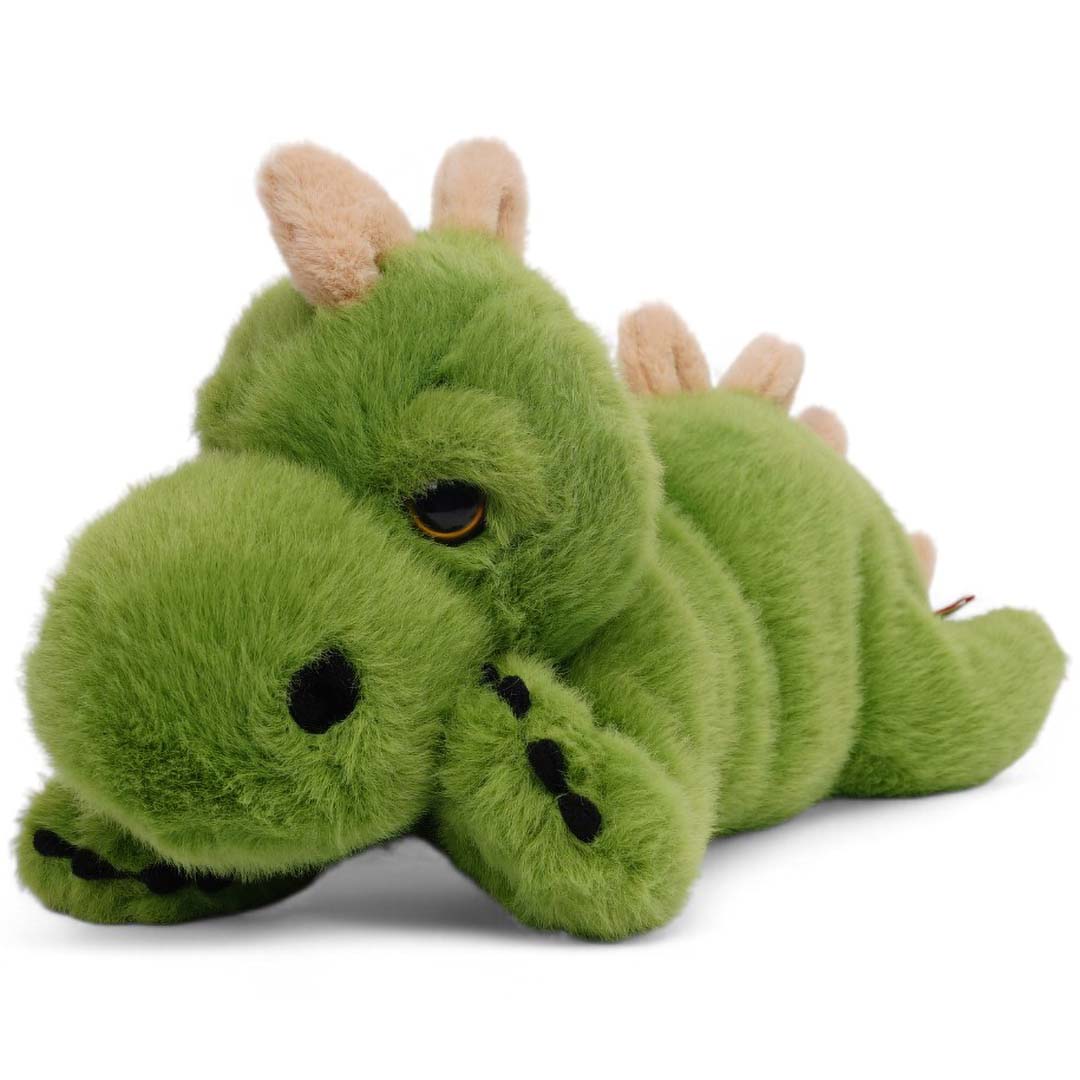 one love verzwaarde pluchen dinosaurus knuffel in groen, schuin van voren gezien.