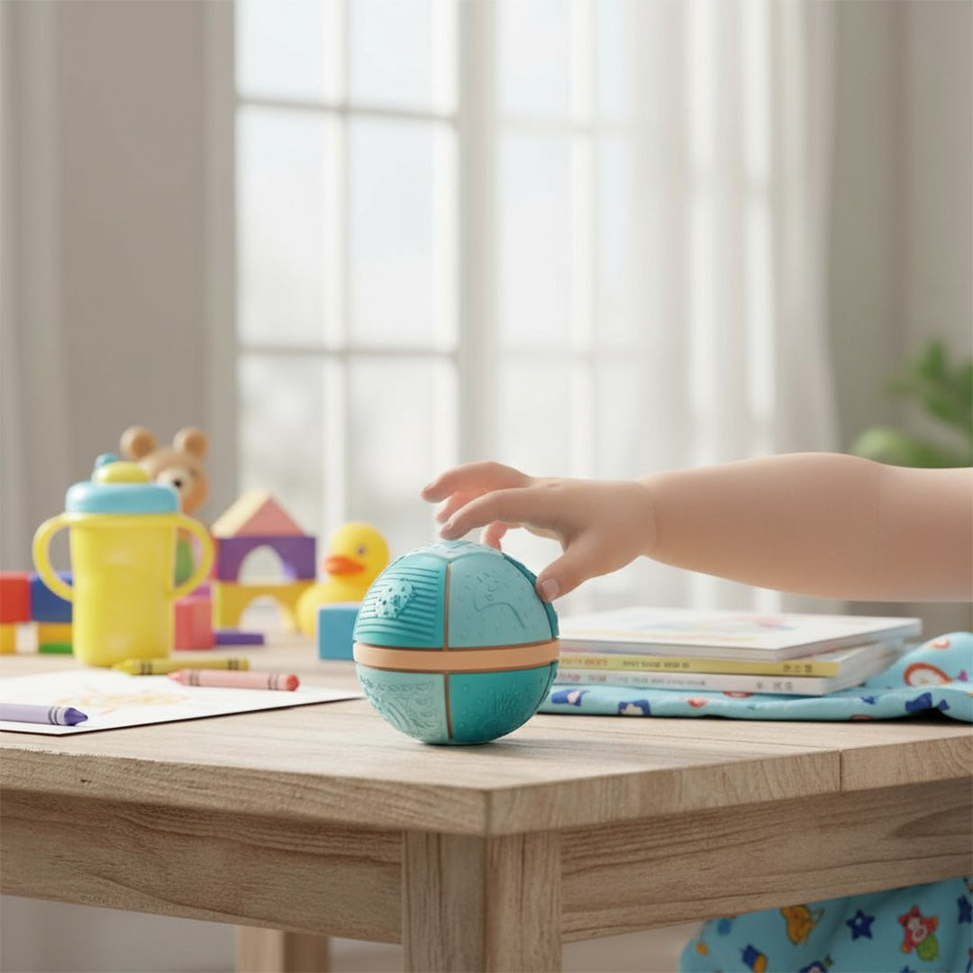 Een babyhand reikt naar de little l sensorische bal op een houten tafel met ander speelgoed.