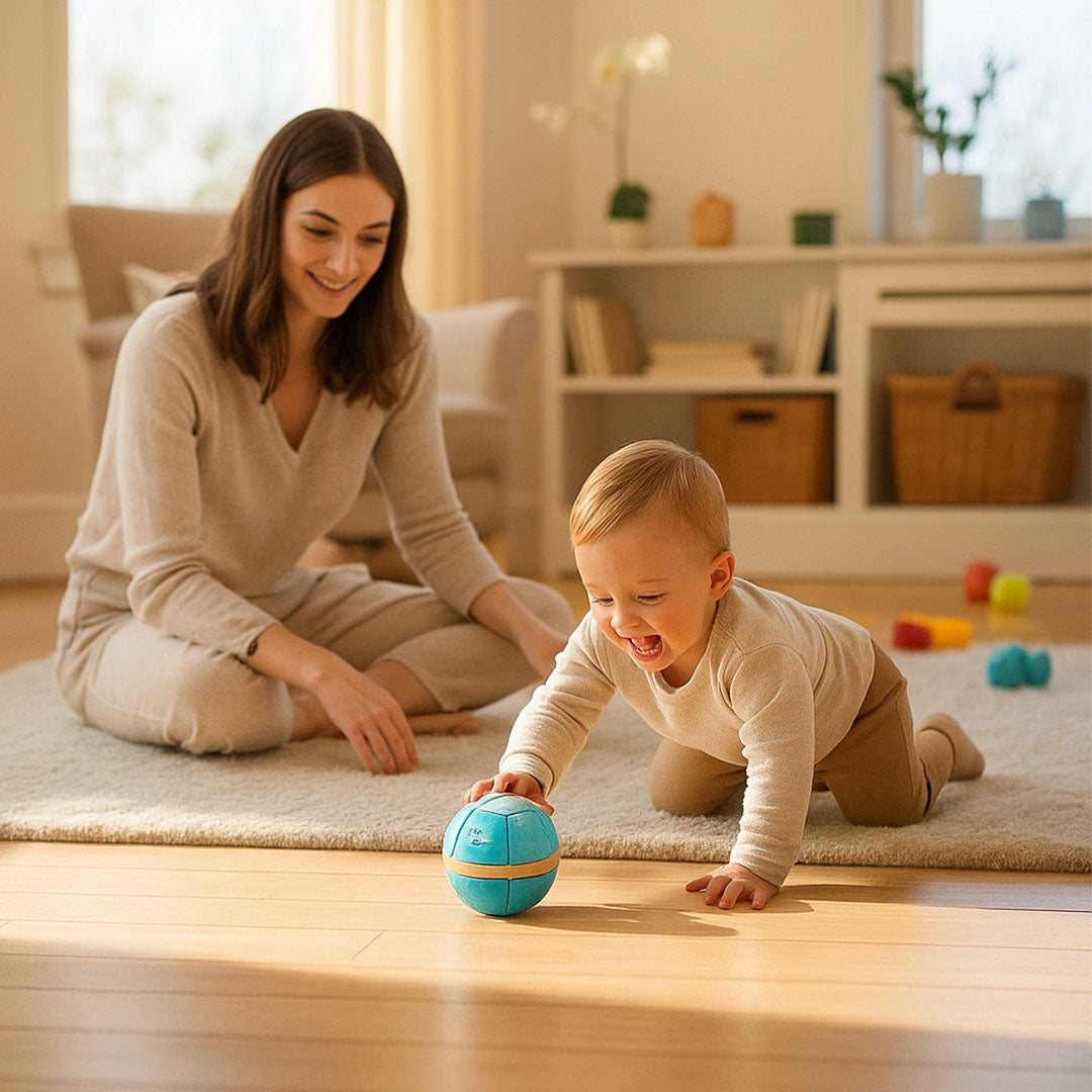 Een baby kruipt op een kleed naar de little l sensorische bal, met een lachende vrouw ernaast.