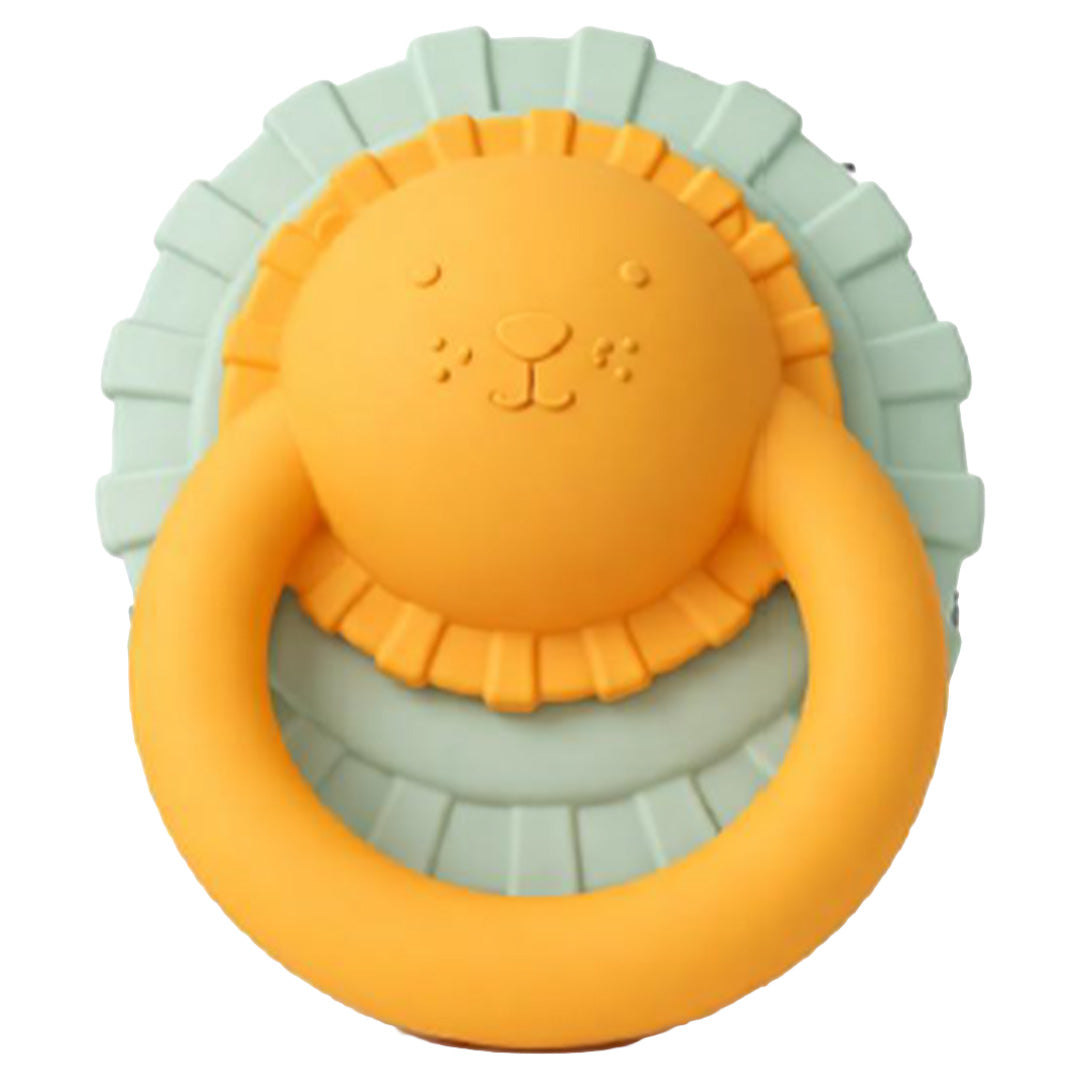 little l siliconen rammelaar voor baby's in de vorm van een oranje leeuwenkop met een groene manenrand en een oranje ring.