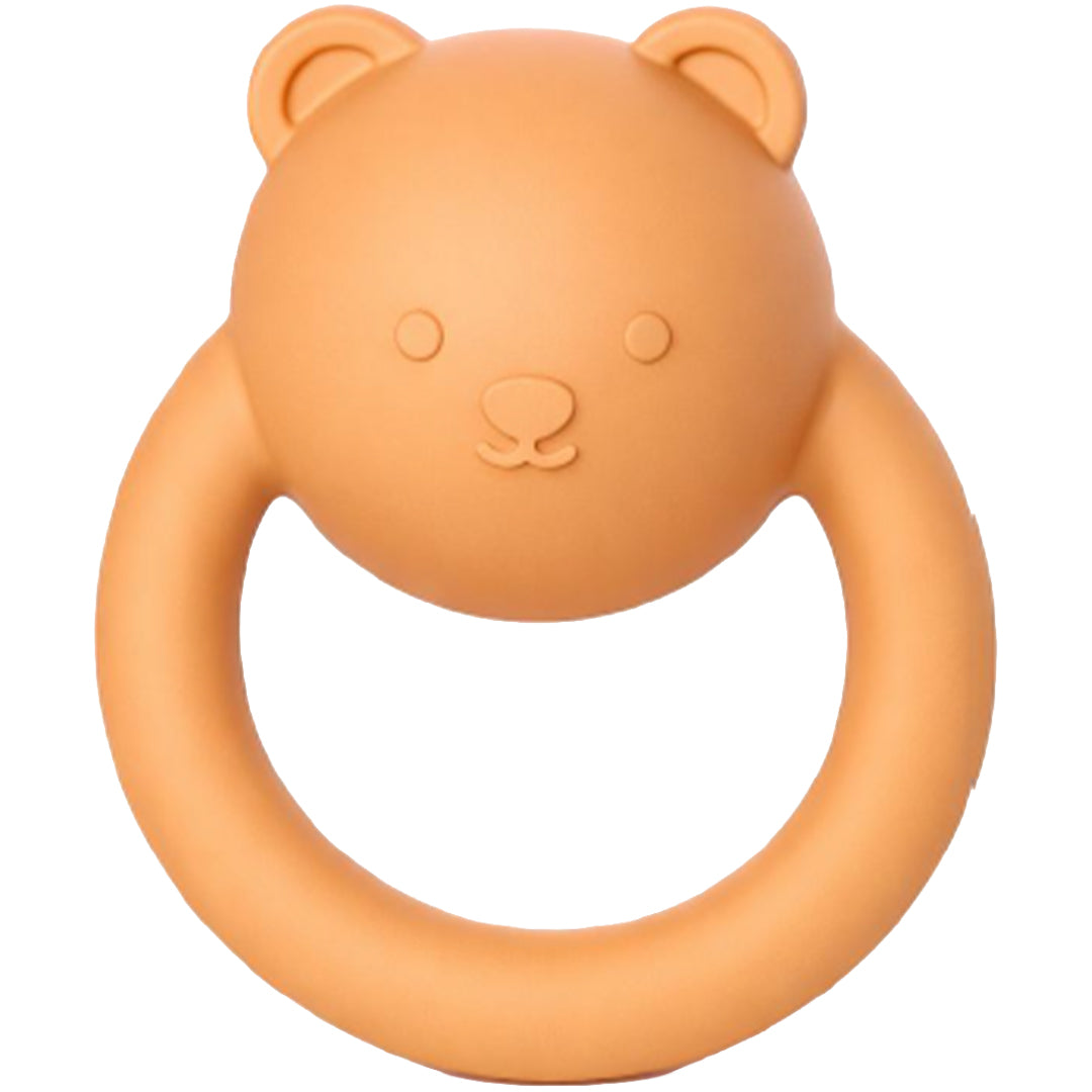 Een oranje little l siliconen rammelaar voor baby's met een berengezicht.