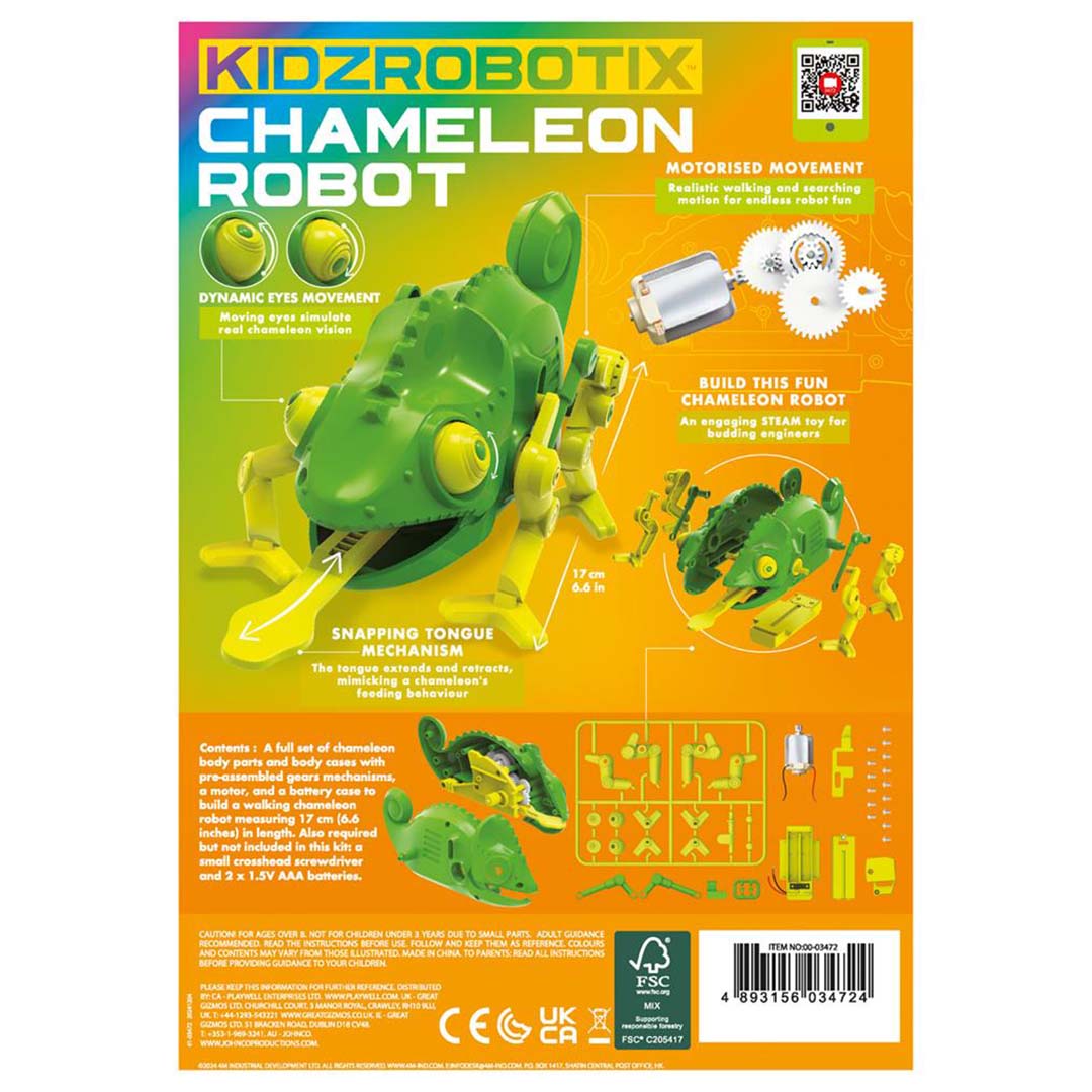Een infographic met de kenmerken van de 4M KidzRobotix kameleon robot, zoals bewegende ogen en een uitschuifbare tong.