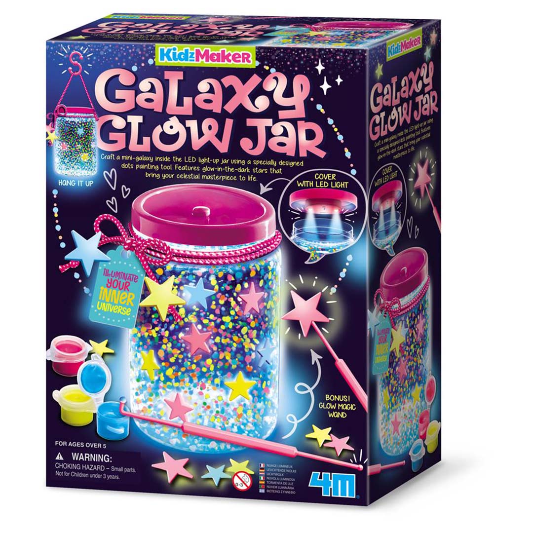 4M KidzMaker Galaxy Glow Jar knutselset verpakking met een afbeelding van de lichtgevende pot met sterren.