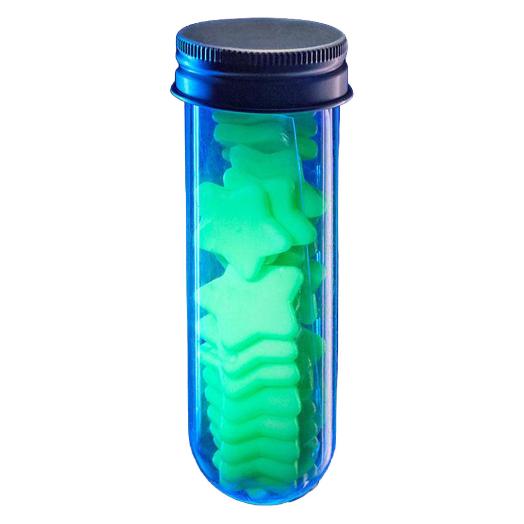 4M glow-in-the-dark sterren in een transparante koker met donkere dop.