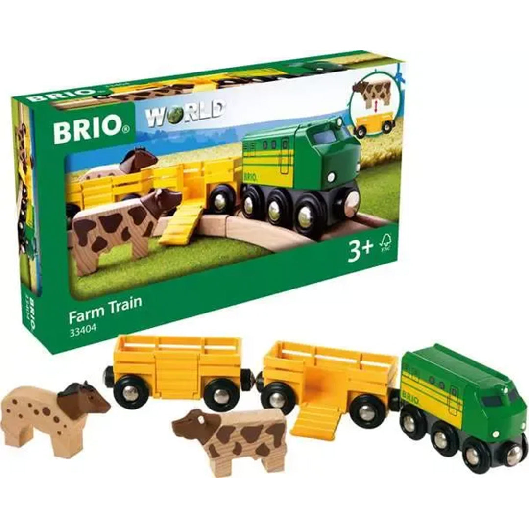 Brio houten speelgoedtrein met boerderijdieren naast de groene productverpakking.