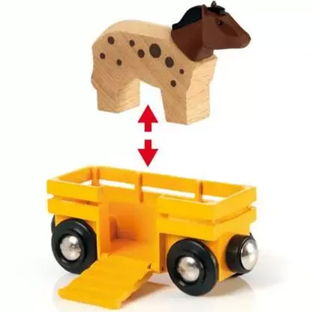 Houten speelgoedpaard boven een gele wagon met laadklep, met pijlen die de functie demonstreren.
