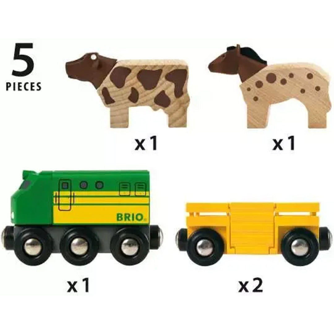 Infographic van de Brio boerderij speelgoedtrein met de 5 losse onderdelen: een koe, een paard, een locomotief en twee wagons.