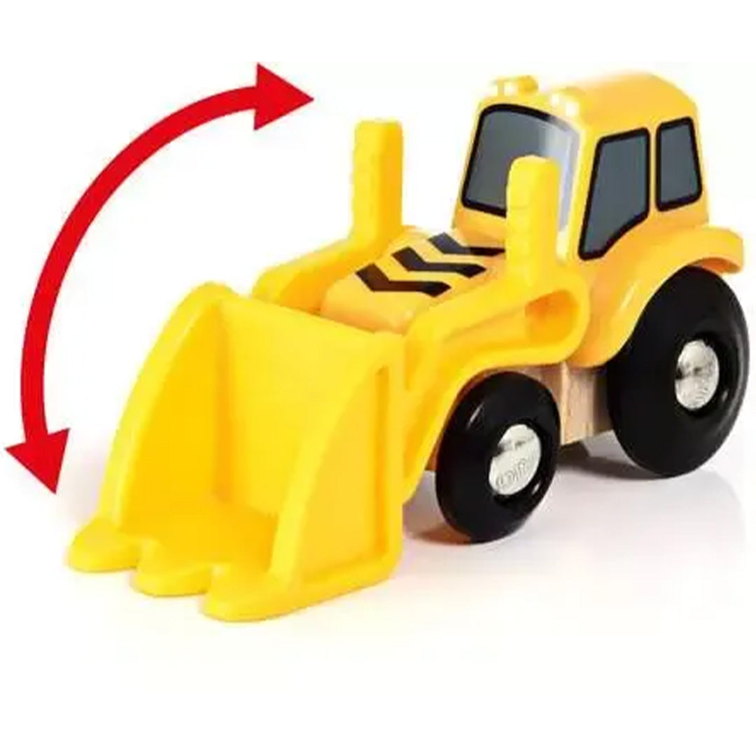 Brio houten speelgoedshovel met een rode pijl die de beweging van de laadbak aangeeft.