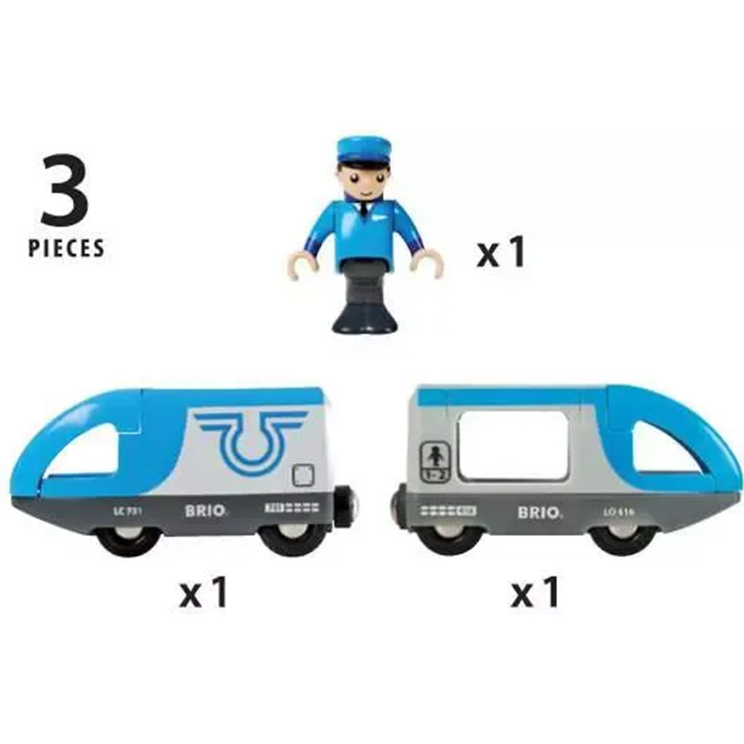 Infographic van de 3 onderdelen van de Brio passagierstrein: een conducteurfiguur en twee blauw-witte treinwagons.