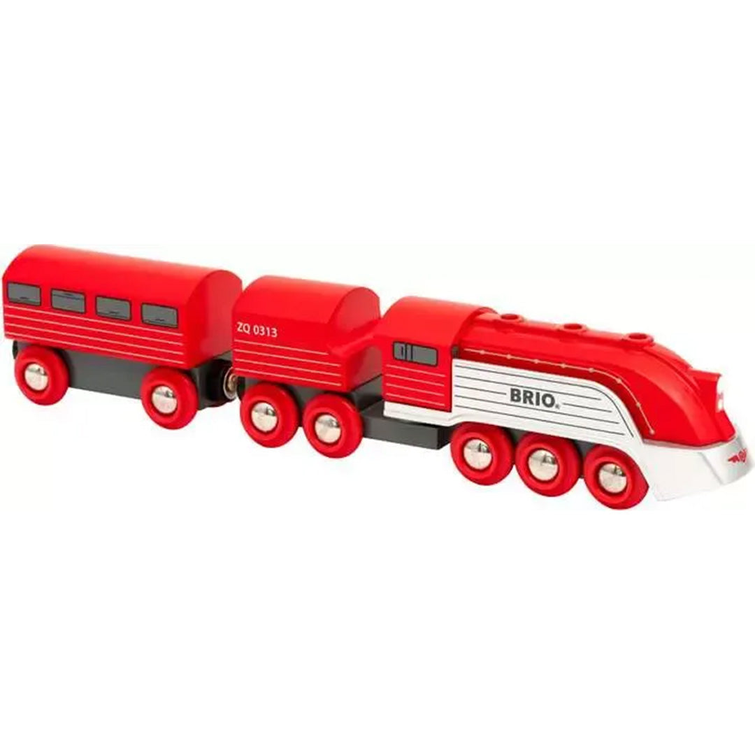 Brio houten hogesnelheidstrein met rode locomotief en twee wagons.