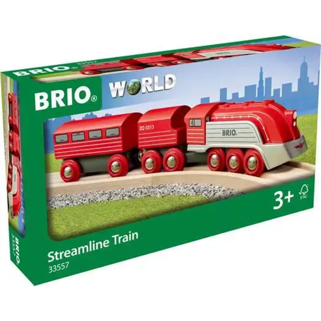 Verpakking van de Brio Streamline Train, een rode houten hogesnelheidstrein, met het Brio logo en leeftijdsaanduiding 3+.