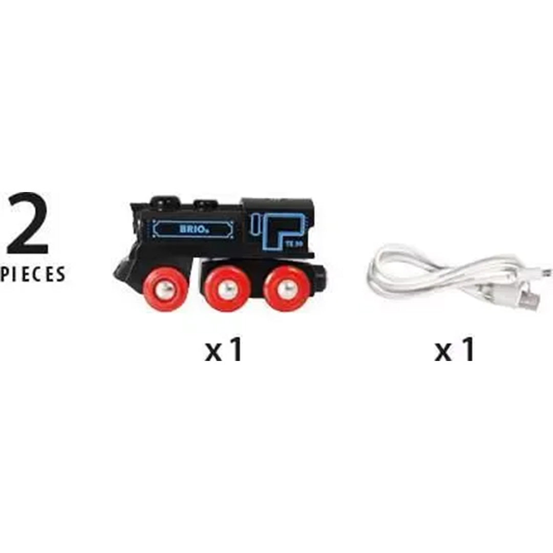 Infographic van de inhoud: één Brio oplaadbare locomotief en één witte USB-kabel.