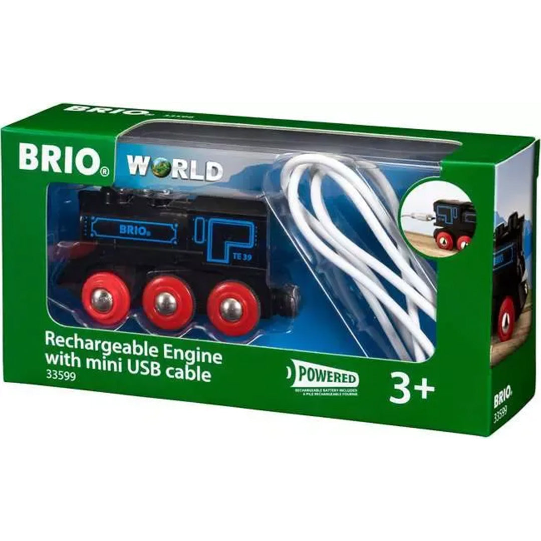 Groene Brio productverpakking met de oplaadbare locomotief en USB-kabel zichtbaar door het venster.