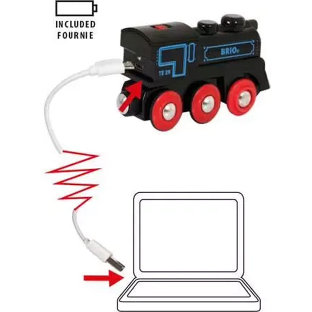 Infographic van de Brio oplaadbare locomotief die via een USB-kabel wordt opgeladen met een laptop.