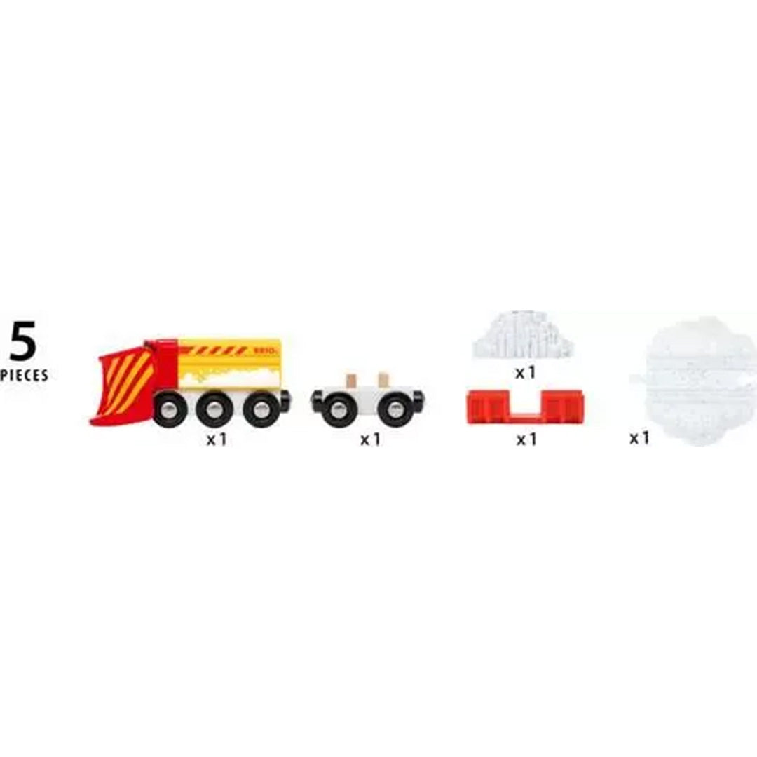 Infographic die alle 5 onderdelen van de Brio sneeuwschuivertrein set toont, inclusief de trein, wagon en sneeuwbergen.