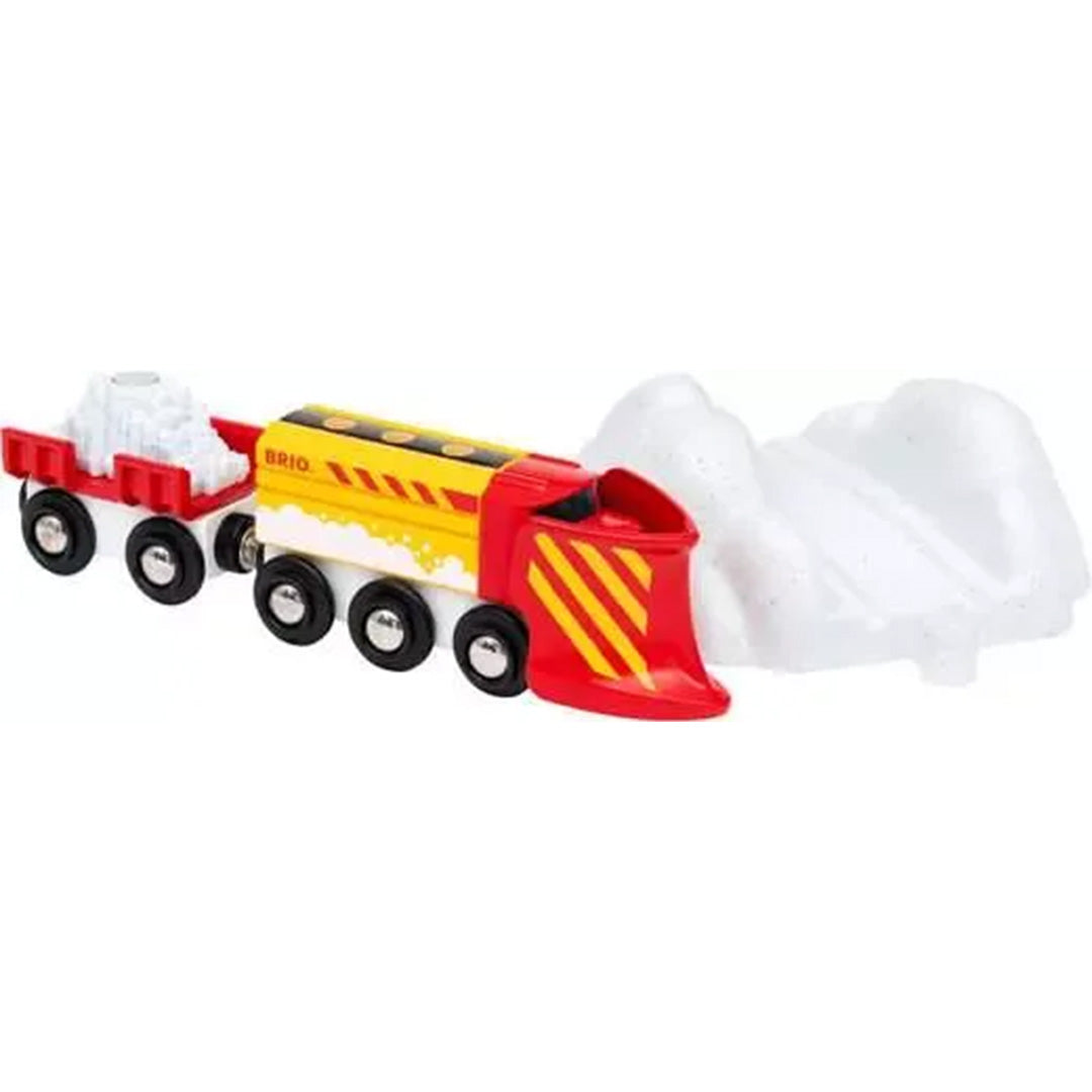Brio houten sneeuwschuivertrein met wagon en een witte sneeuwberg accessoire.